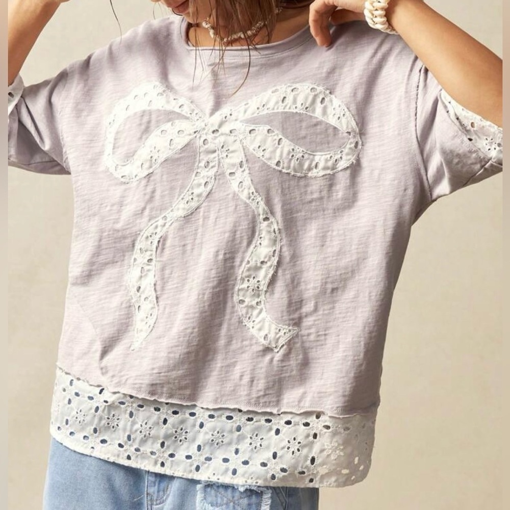 Women's Lace Bow Top - Light Gray - Picture 2 of 10